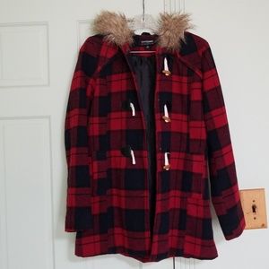 Plaid red hooded coat with toggle closure